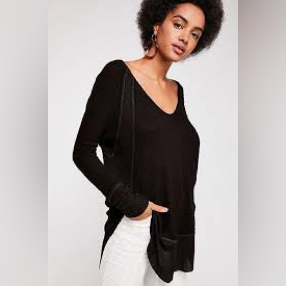 Free People We the Free Black Catalina V-Neck Thermal Top NWT!